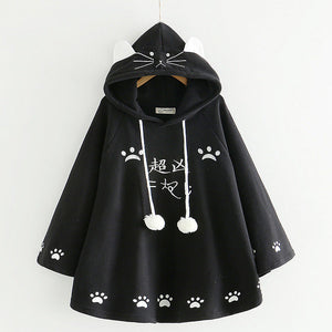 Harajuku Black Gray White Cat Hooded Cloak Coat-Enchanted peach