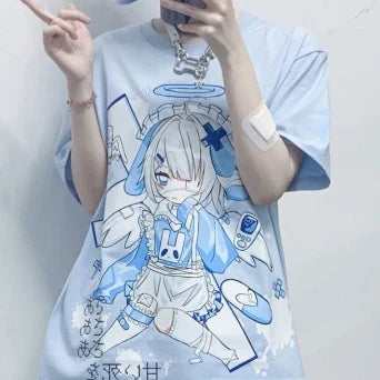 Harajuku Blue Angel Girl Women's Tee-Enchanted peach