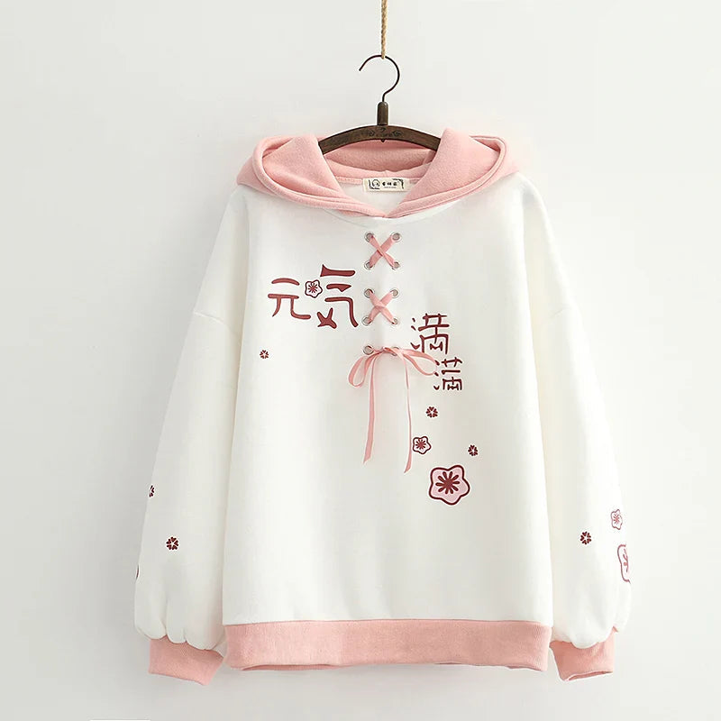 Harajuku Cute Two-tone Candy Floss Sakura Thick Women's Hoodie-Enchanted peach