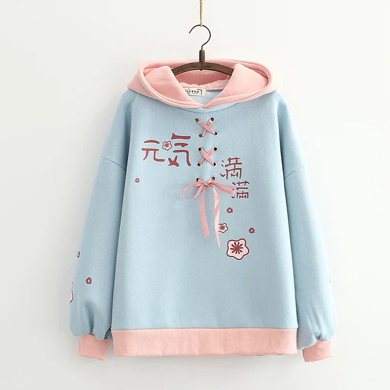 Harajuku Cute Two-tone Candy Floss Sakura Thick Women's Hoodie-Enchanted peach