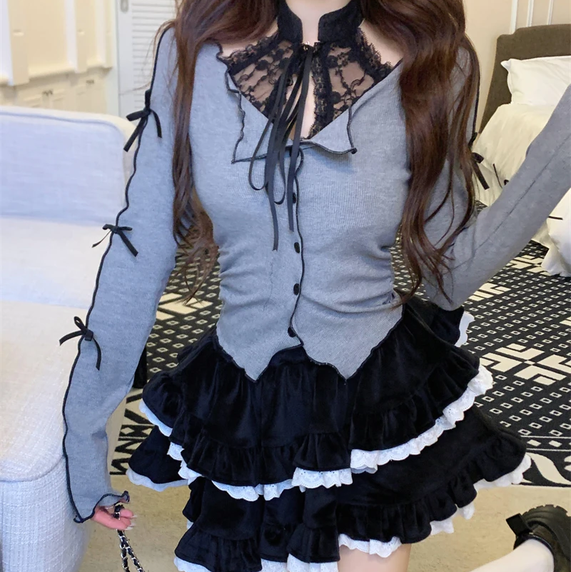 Harajuku Goth Ribbon Skirt Two Piece Set-Enchanted peach