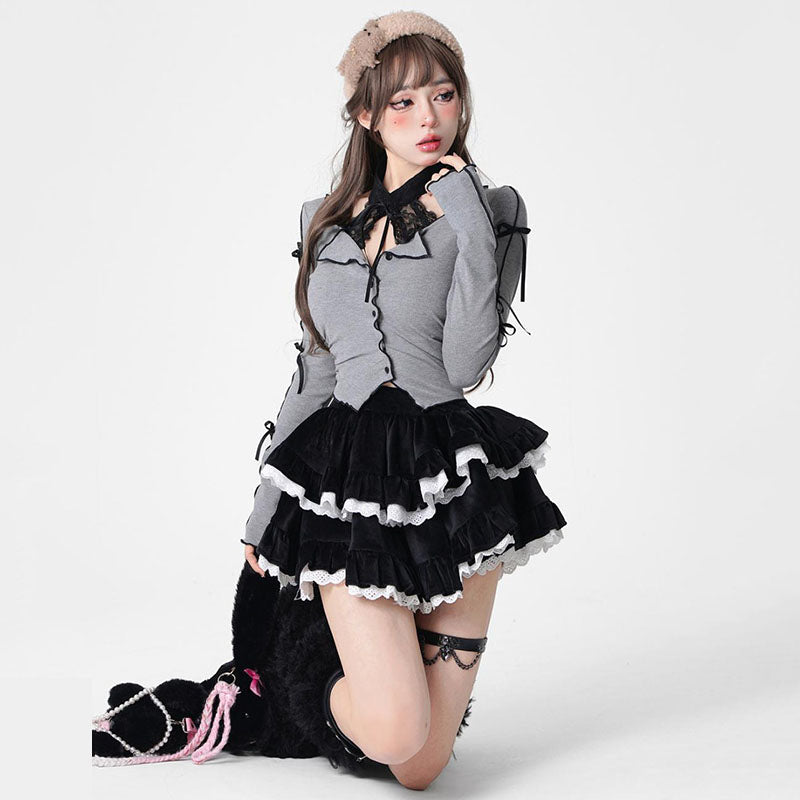 Harajuku Goth Ribbon Skirt Two Piece Set-Enchanted peach