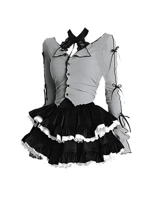 Harajuku Goth Ribbon Skirt Two Piece Set-Enchanted peach