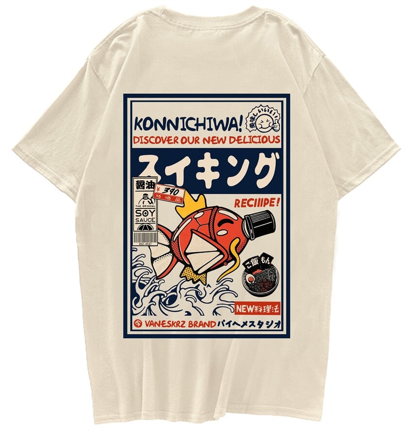 Harajuku Japanese Fish Konnichiwa Poster Unisex Tee-Enchanted peach