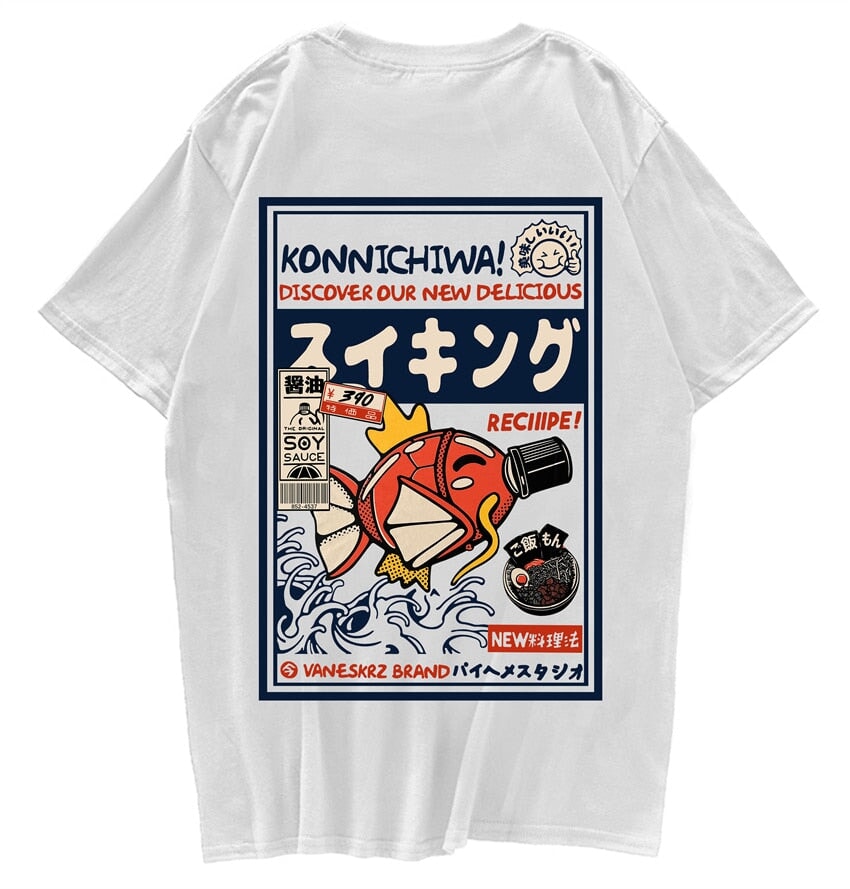 Harajuku Japanese Fish Konnichiwa Poster Unisex Tee-Enchanted peach