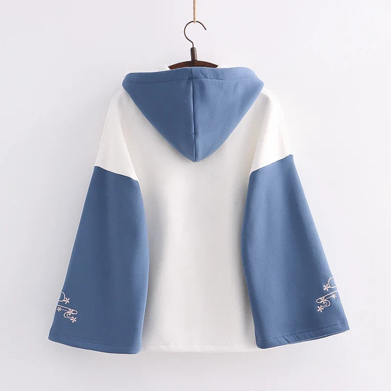 Harajuku Moon Sakura Blue Pink Loose Women's Hoodie-Enchanted peach