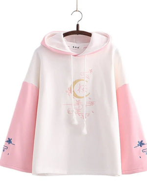 Harajuku Moon Sakura Blue Pink Loose Women's Hoodie-Enchanted peach