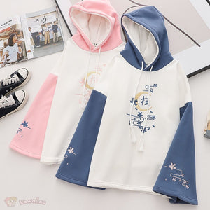 Harajuku Moon Sakura Blue Pink Loose Women's Hoodie-Enchanted peach