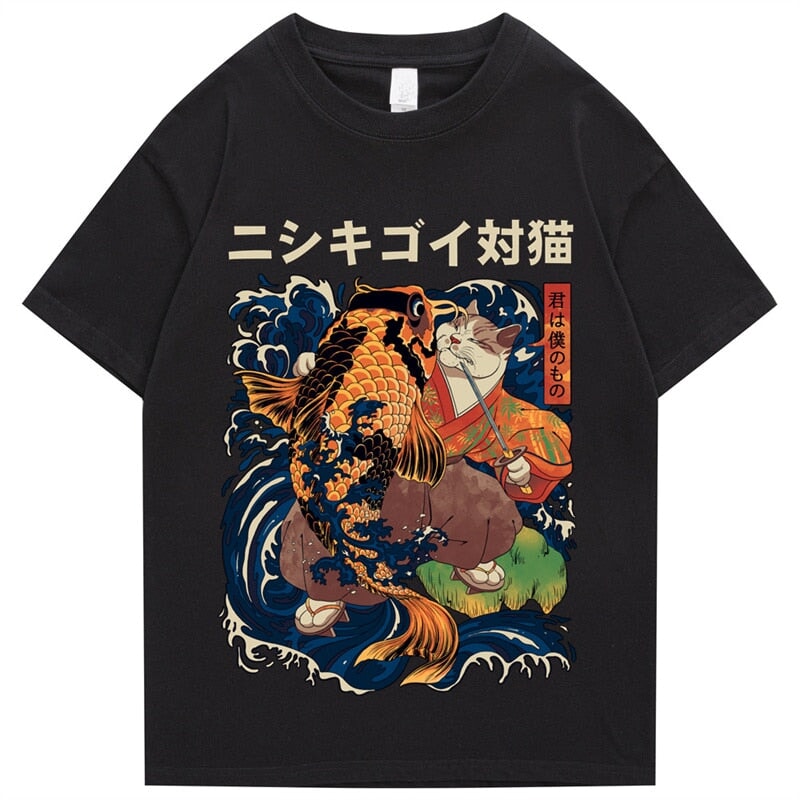 Harajuku Samurai Cat Koi Fish Unisex Tee-Enchanted peach