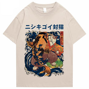 Harajuku Samurai Cat Koi Fish Unisex Tee-Enchanted peach