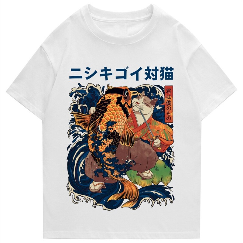 Harajuku Samurai Cat Koi Fish Unisex Tee-Enchanted peach