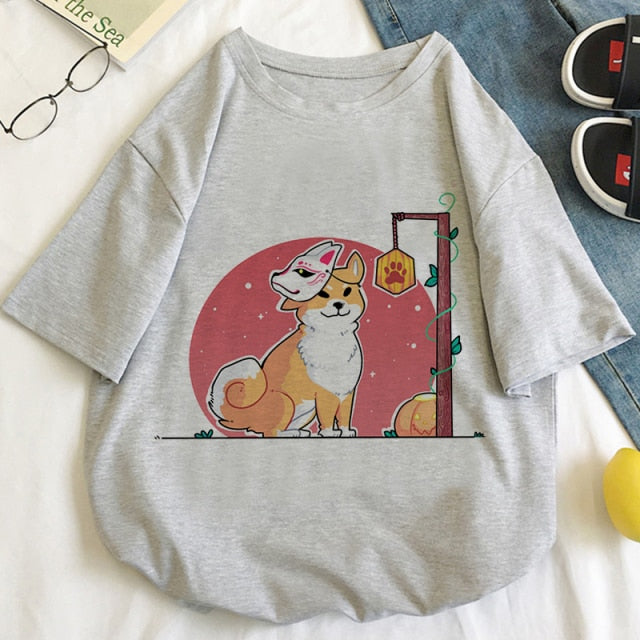 Harajuku Shiba Inu Fox Mask Women's Tee Tops-Enchanted peach