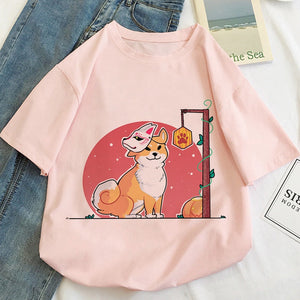 Harajuku Shiba Inu Fox Mask Women's Tee Tops-Enchanted peach