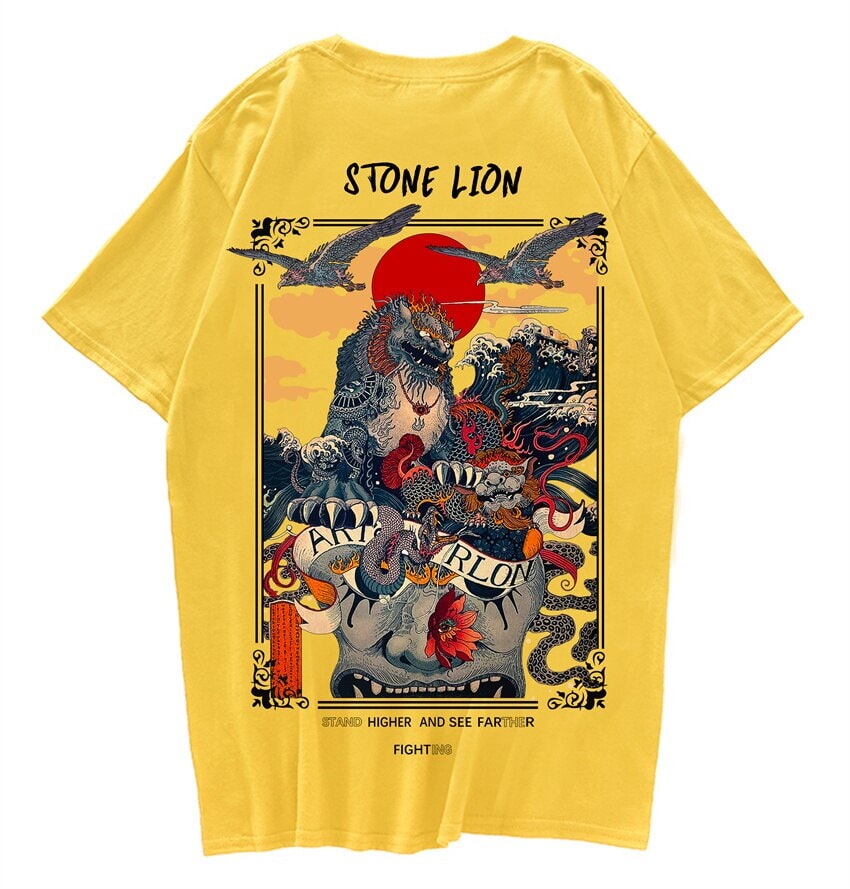 Harajuku Stone Lion Printed Streetwear Unisex Tee-Enchanted peach