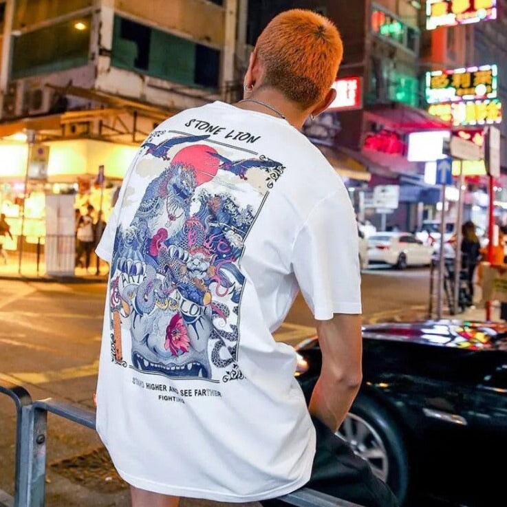 Harajuku Stone Lion Printed Streetwear Unisex Tee-Enchanted peach