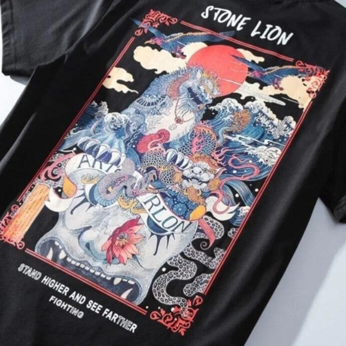 Harajuku Stone Lion Printed Streetwear Unisex Tee-Enchanted peach