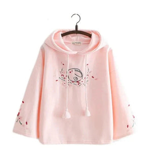 Harajuku White Pink Bunny Sakura Embroidery Hoodie-Enchanted peach