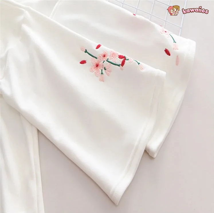 Harajuku White Pink Bunny Sakura Embroidery Hoodie-Enchanted peach