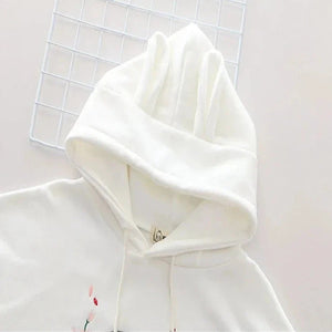 Harajuku White Pink Bunny Sakura Embroidery Hoodie-Enchanted peach