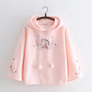 Harajuku White Pink Bunny Sakura Embroidery Hoodie-Enchanted peach