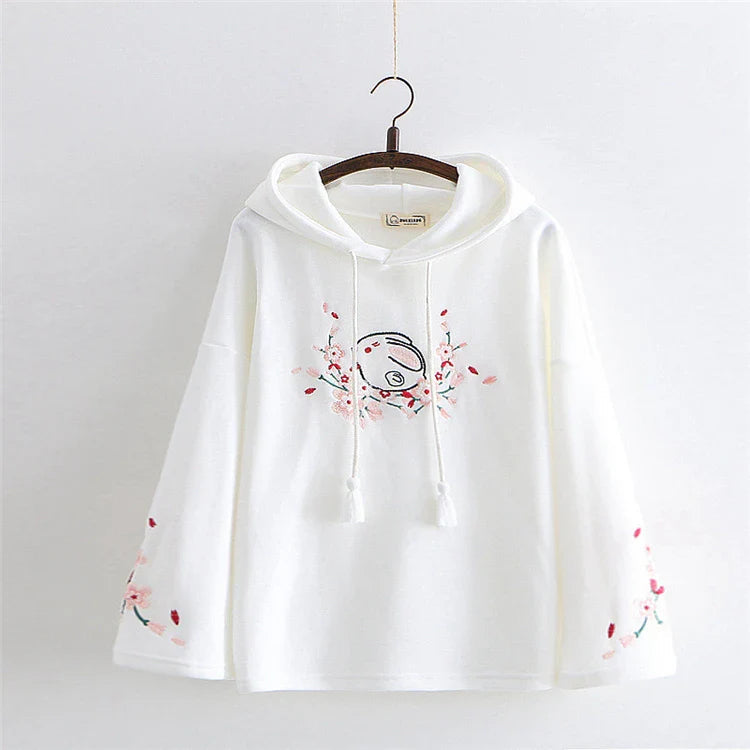 Harajuku White Pink Bunny Sakura Embroidery Hoodie-Enchanted peach