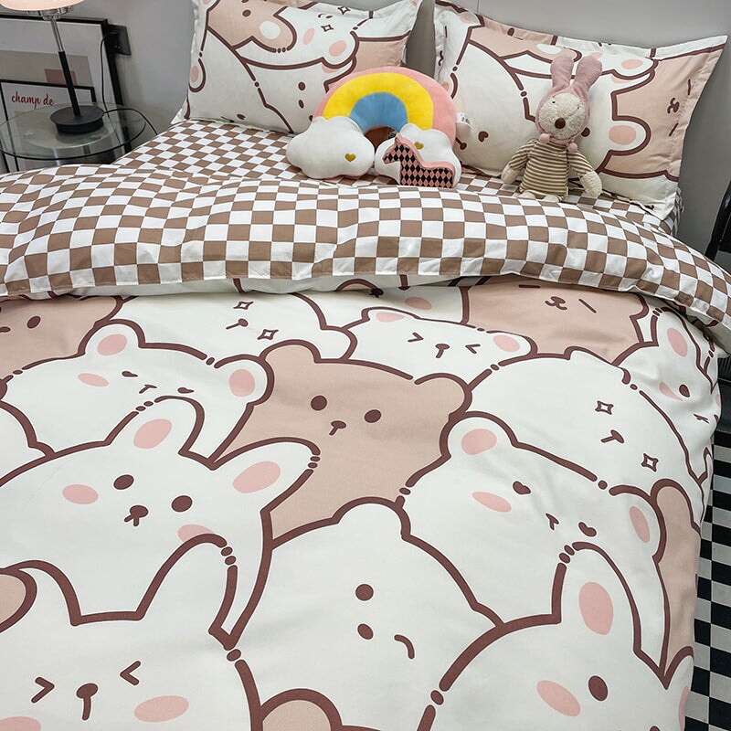 Hundreds of Kawaii Bear Bunny Bedding Set-Enchanted peach