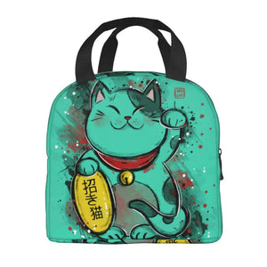 Jade Green Lucky Cat Insulated Lunch Bag-Enchanted peach