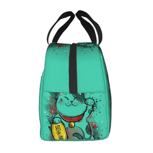 Jade Green Lucky Cat Insulated Lunch Bag-Enchanted peach