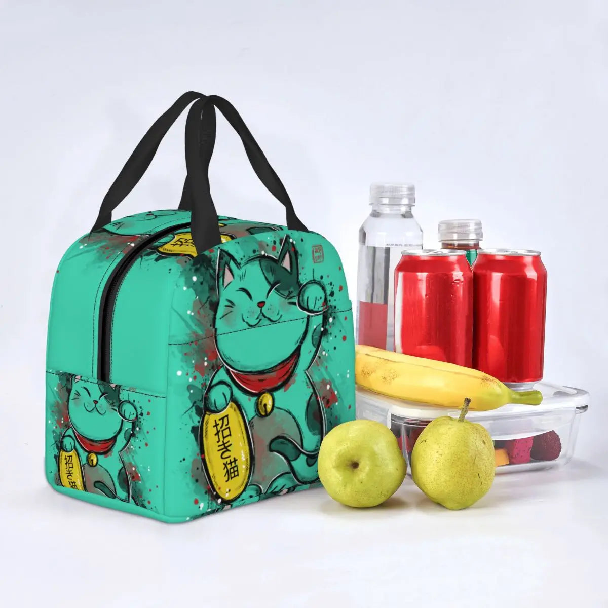 Jade Green Lucky Cat Insulated Lunch Bag-Enchanted peach