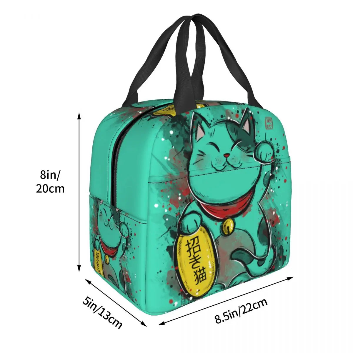 Jade Green Lucky Cat Insulated Lunch Bag-Enchanted peach