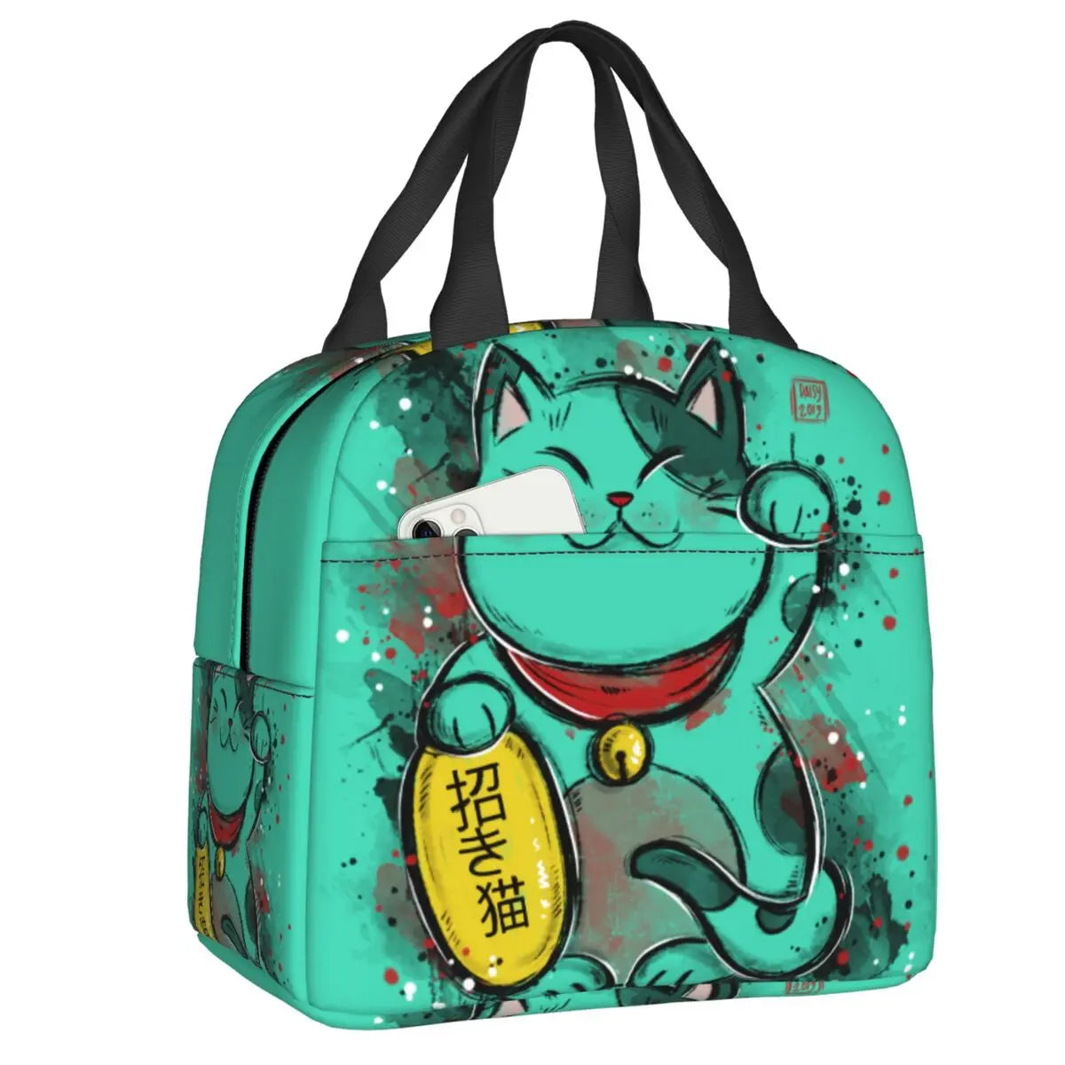 Jade Green Lucky Cat Insulated Lunch Bag-Enchanted peach