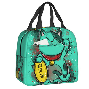 Jade Green Lucky Cat Insulated Lunch Bag-Enchanted peach