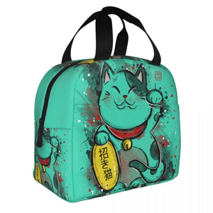 Jade Green Lucky Cat Insulated Lunch Bag-Enchanted peach