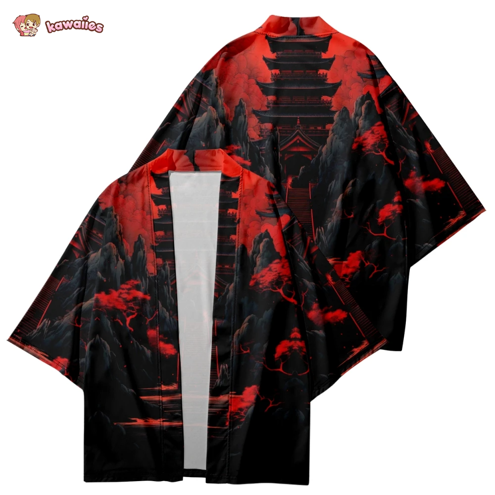 Japanes-themed Gloomy Path to Pagoda Unisex Kimono-Enchanted peach