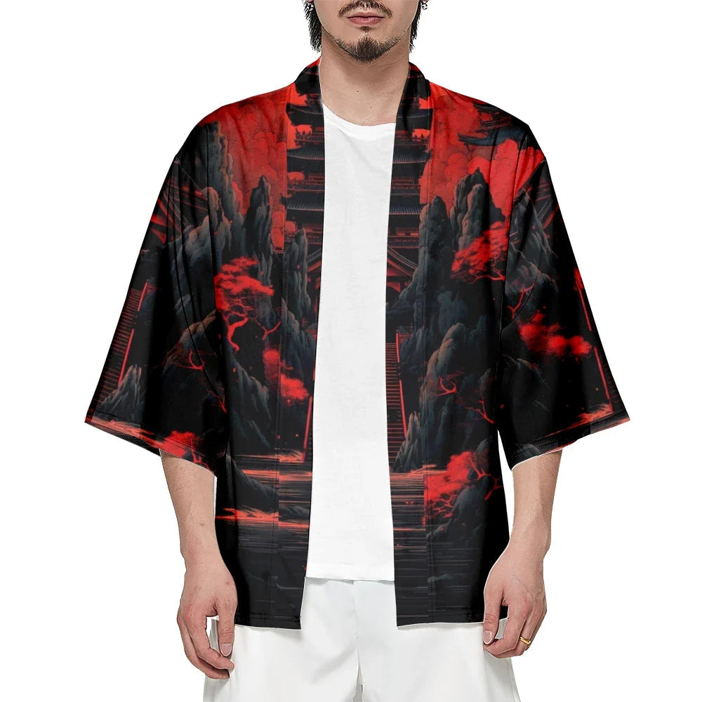 Japanes-themed Gloomy Path to Pagoda Unisex Kimono-Enchanted peach