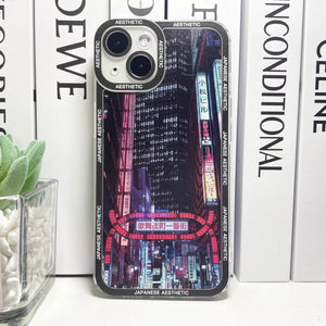 Japanese Aesthetic Tokyo Neon Lights Black Hues iPhone Case-Enchanted peach