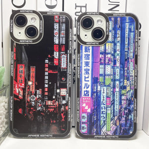 Japanese Aesthetic Tokyo Neon Lights Black Hues iPhone Case-Enchanted peach