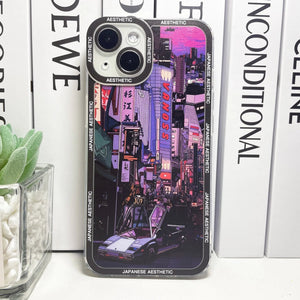 Japanese Aesthetic Tokyo Neon Lights Black Hues iPhone Case-Enchanted peach