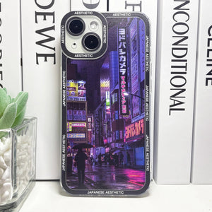 Japanese Aesthetic Tokyo Neon Lights Black Hues iPhone Case-Enchanted peach