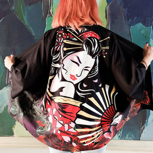 Japanese Art Fancy Kimono Cardigan Robe Short-Enchanted peach