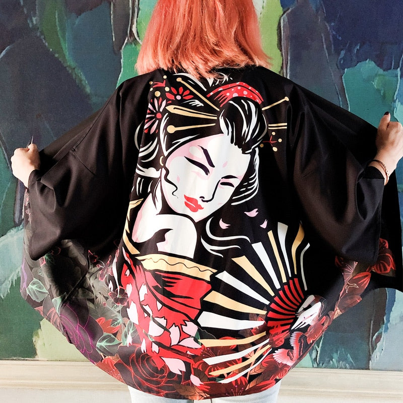 Japanese Art Fancy Kimono Cardigan Robe Short-Enchanted peach