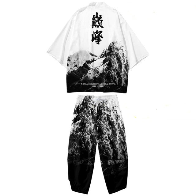 Japanese Black White Mountains Dragon Mens Two-Piece Kimono Yukata Top & Pants Sets-Enchanted peach