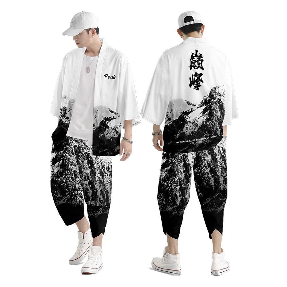 Japanese Black White Mountains Dragon Mens Two-Piece Kimono Yukata Top & Pants Sets-Enchanted peach