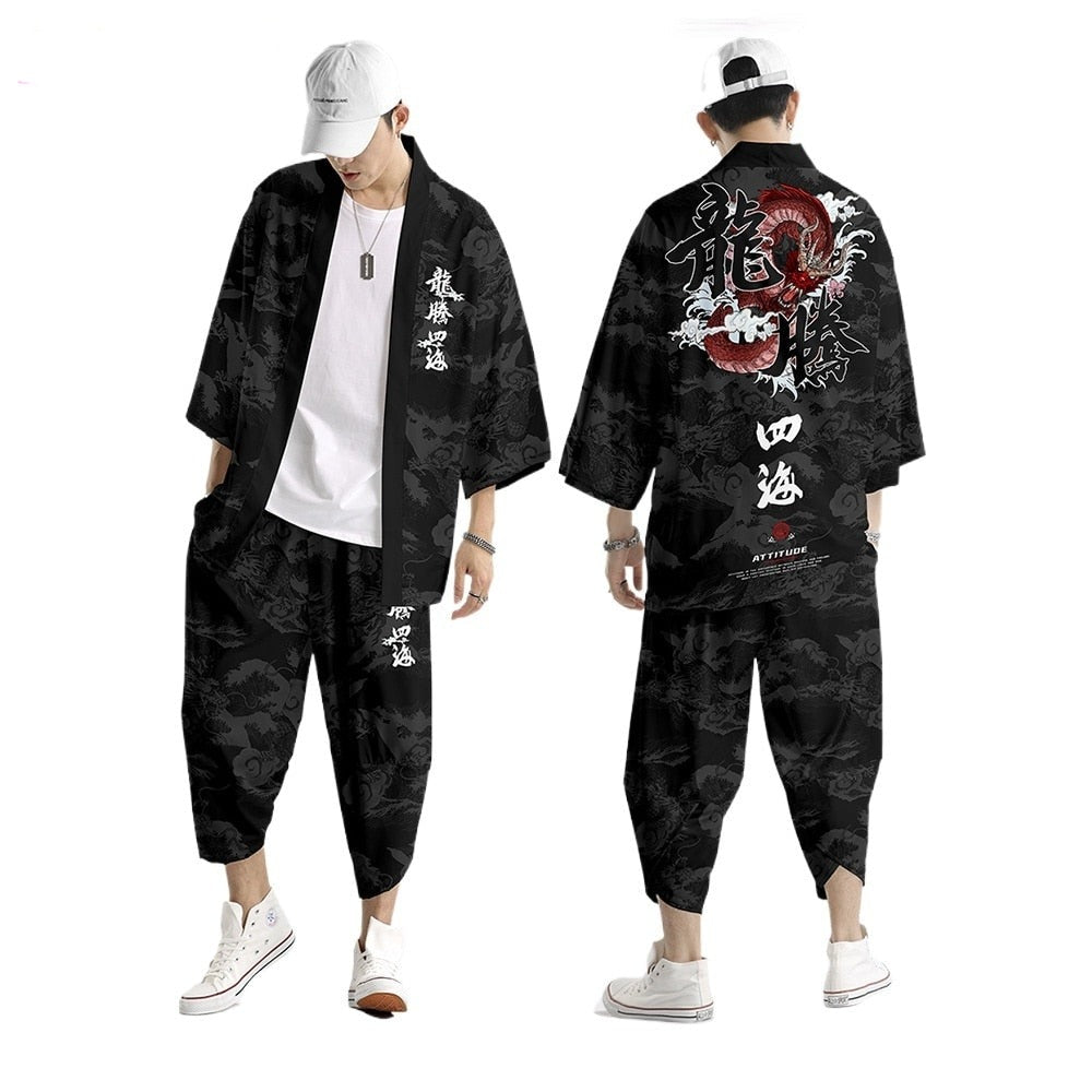 Japanese Black White Mountains Dragon Mens Two-Piece Kimono Yukata Top & Pants Sets-Enchanted peach