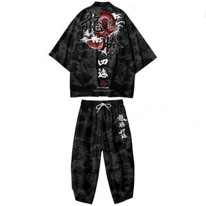 Japanese Black White Mountains Dragon Mens Two-Piece Kimono Yukata Top & Pants Sets-Enchanted peach