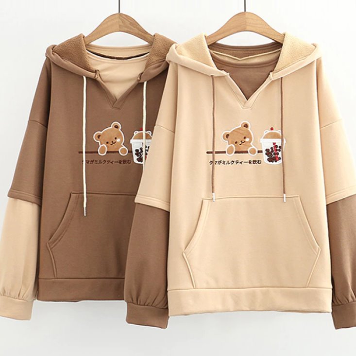 Japanese Bubble Tea Bear Hoodies-Enchanted peach