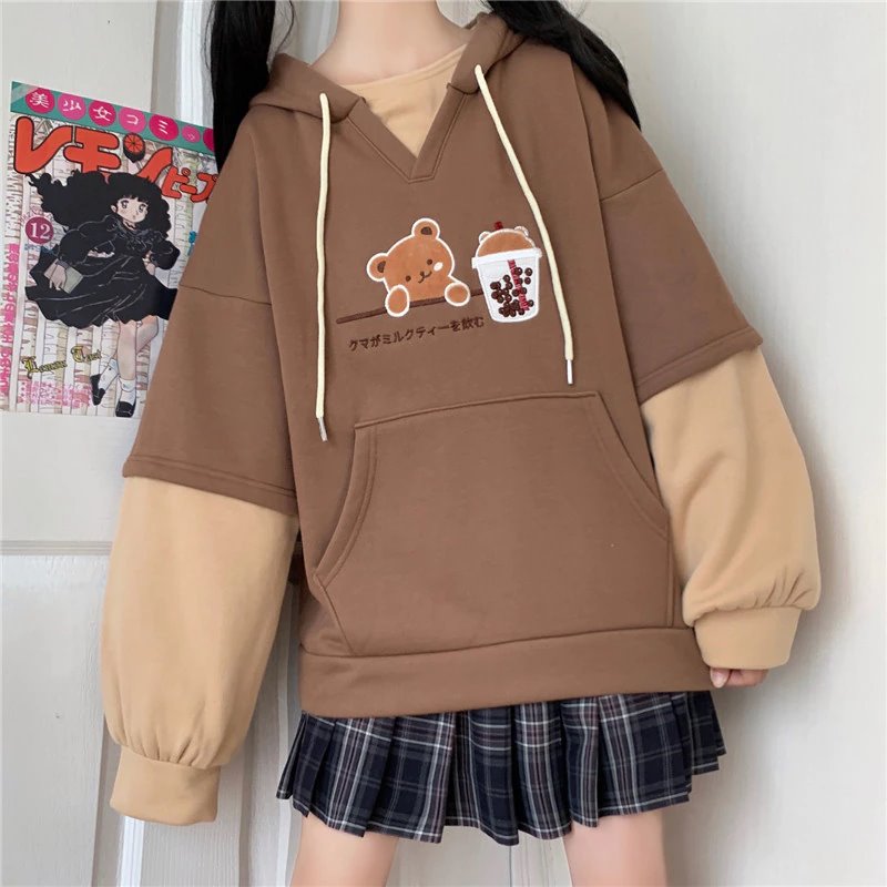 Japanese Bubble Tea Bear Hoodies-Enchanted peach