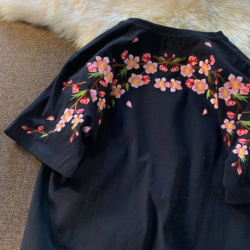 Japanese Cherry Blossoms Embroidery Tee-Enchanted peach