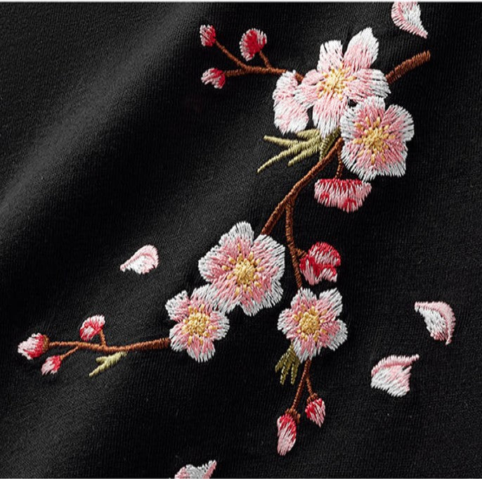 Japanese Cherry Blossoms Embroidery Tee-Enchanted peach