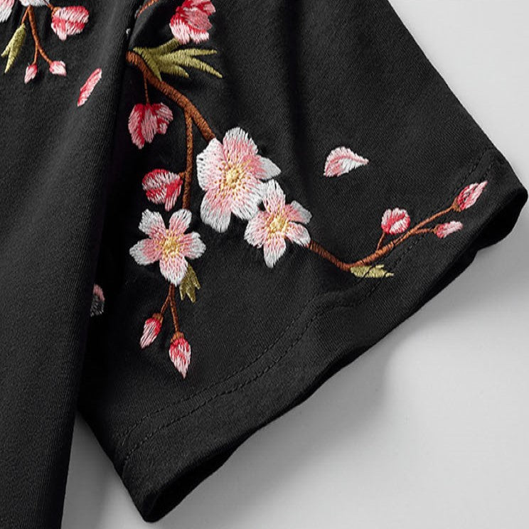 Japanese Cherry Blossoms Embroidery Tee-Enchanted peach